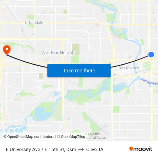 E University Ave / E 15th St, Dsm to Clive, IA map