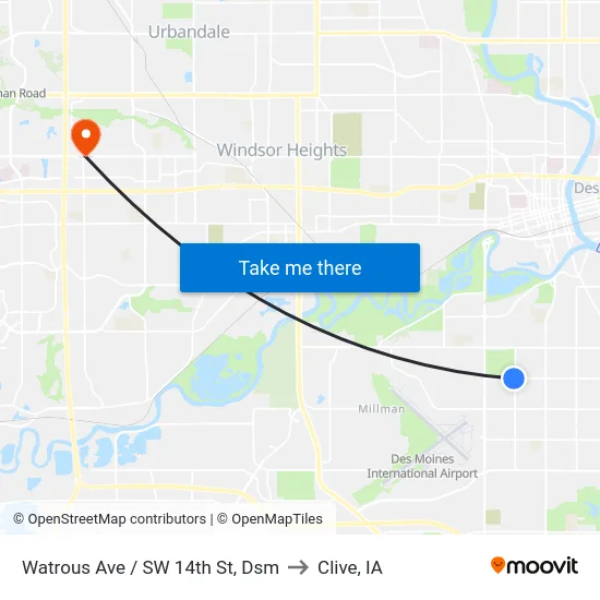 Watrous Ave / SW 14th St, Dsm to Clive, IA map