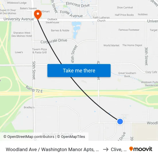 Woodland Ave / Washington Manor Apts, Wdm to Clive, IA map