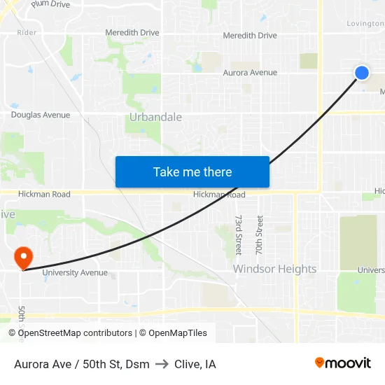 Aurora Ave / 50th St, Dsm to Clive, IA map