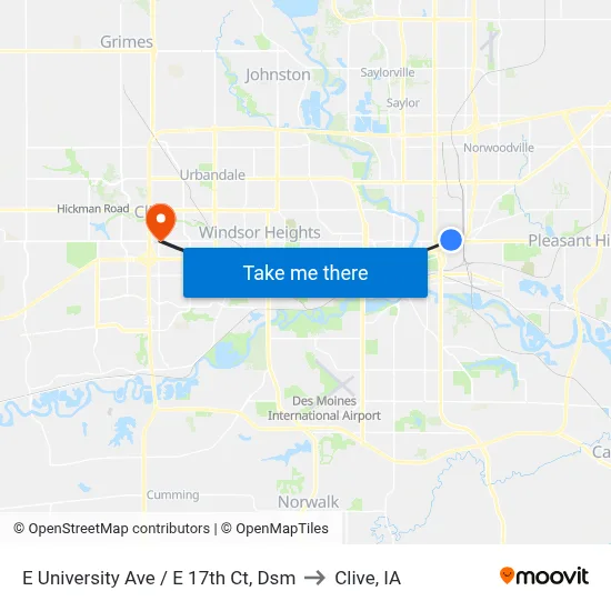 E University Ave / E 17th Ct, Dsm to Clive, IA map