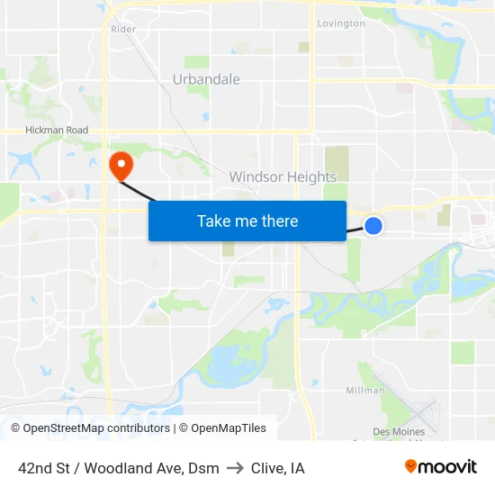 42nd St / Woodland Ave, Dsm to Clive, IA map
