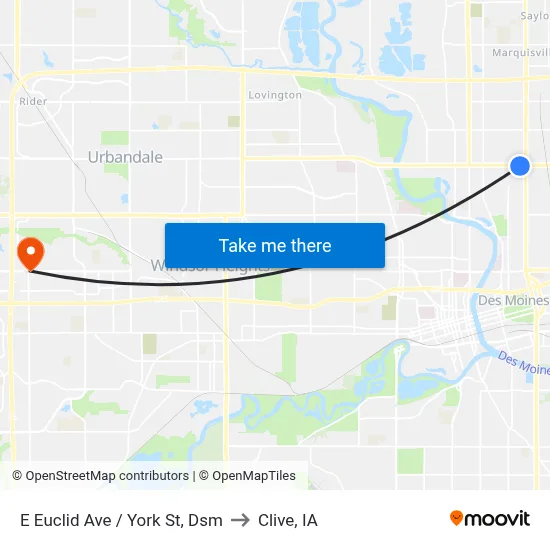 E Euclid Ave / York St, Dsm to Clive, IA map