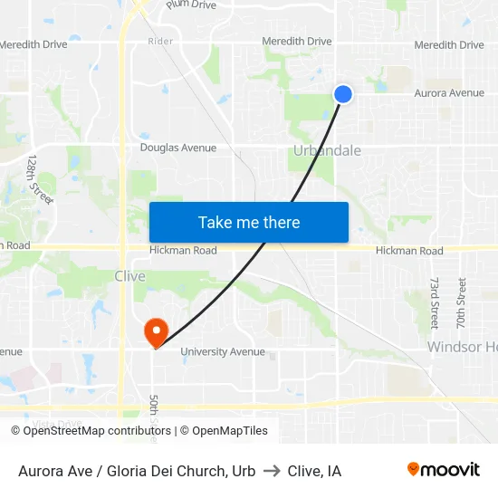 Aurora Ave / Gloria Dei Church, Urb to Clive, IA map