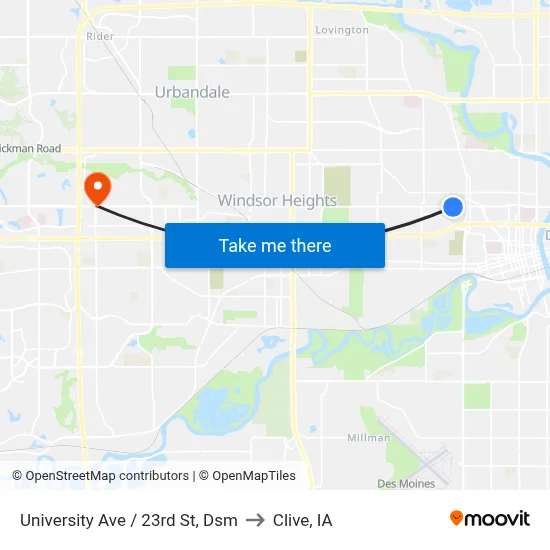 University Ave / 23rd St, Dsm to Clive, IA map