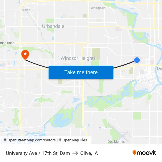 University Ave / 17th St, Dsm to Clive, IA map