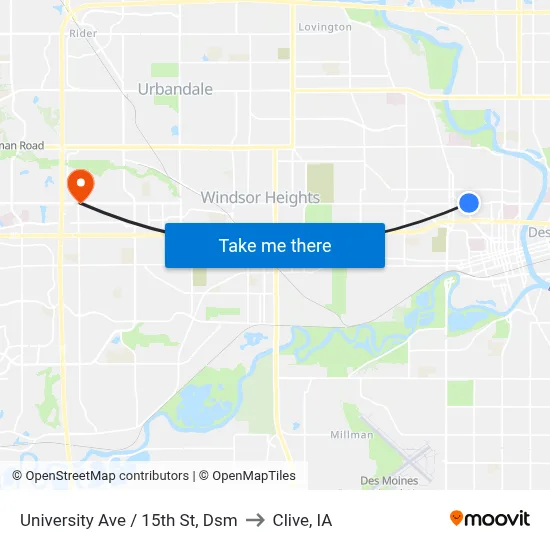 University Ave / 15th St, Dsm to Clive, IA map