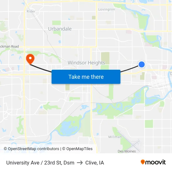 University Ave / 23rd St, Dsm to Clive, IA map