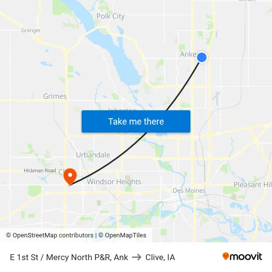E 1st St / Mercy North P&R, Ank to Clive, IA map