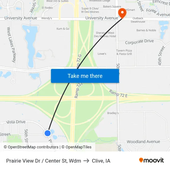 Prairie View Dr / Center St, Wdm to Clive, IA map