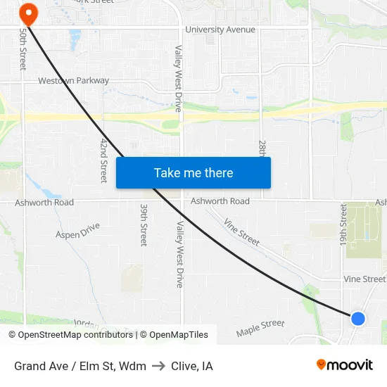 Grand Ave / Elm St, Wdm to Clive, IA map