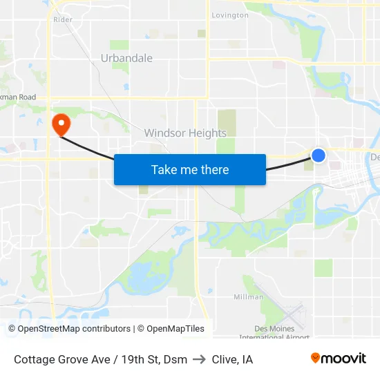 Cottage Grove Ave / 19th St, Dsm to Clive, IA map