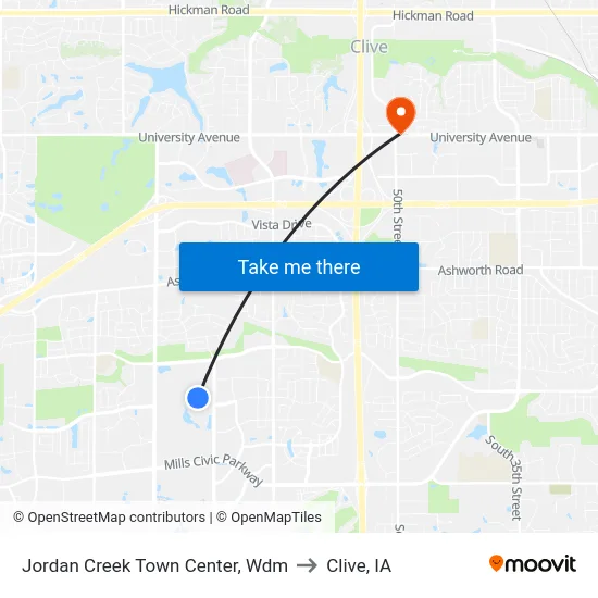 Jordan Creek Town Center, Wdm to Clive, IA map