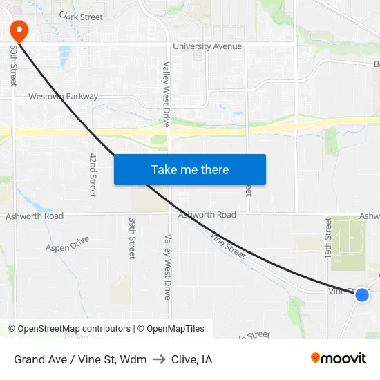 Grand Ave / Vine St, Wdm to Clive, IA map