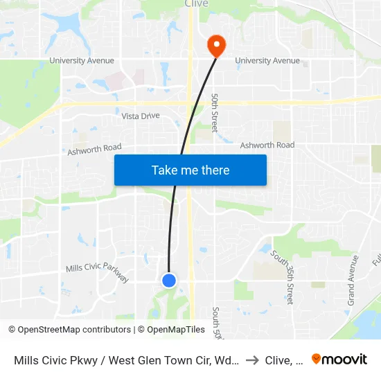 Mills Civic Pkwy / West Glen Town Cir, Wdm to Clive, IA map