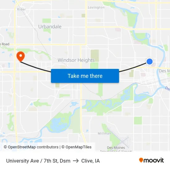 University Ave / 7th St, Dsm to Clive, IA map