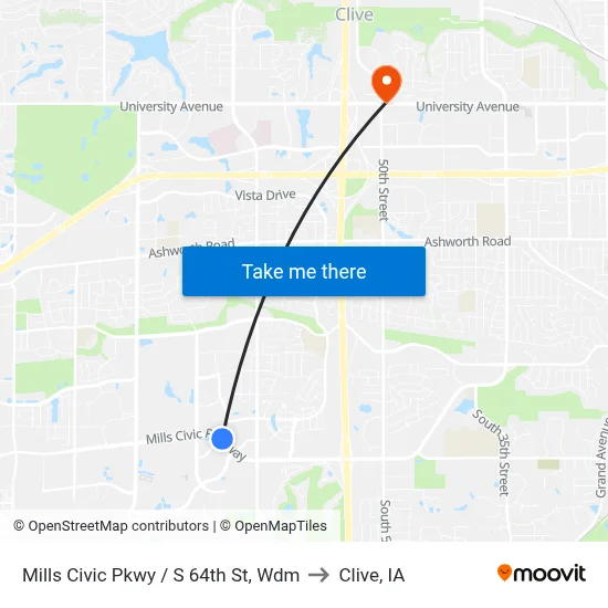 Mills Civic Pkwy / S 64th St, Wdm to Clive, IA map