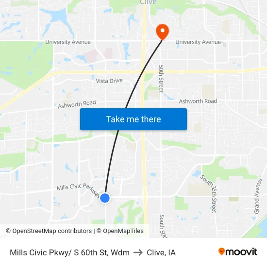 Mills Civic Pkwy/ S 60th St, Wdm to Clive, IA map