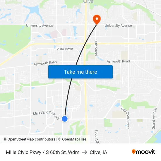 Mills Civic Pkwy / S 60th St, Wdm to Clive, IA map
