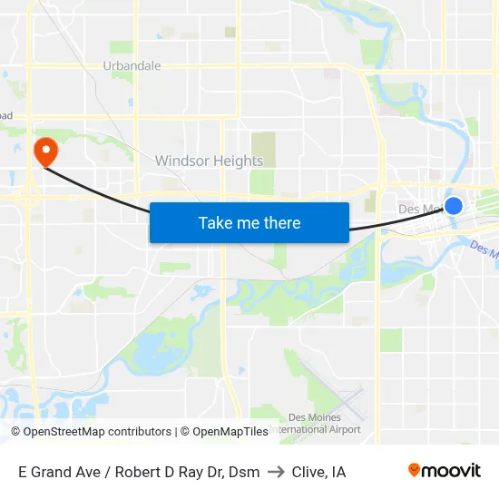 E Grand Ave / Robert D Ray Dr, Dsm to Clive, IA map