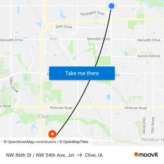 NW 86th St / NW 54th Ave, Jst to Clive, IA map