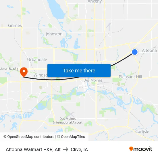 Altoona Walmart P&R, Alt to Clive, IA map