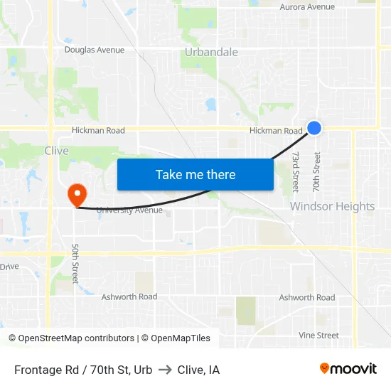 Frontage Rd / 70th St, Urb to Clive, IA map