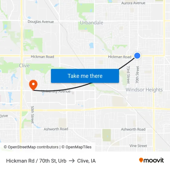 Hickman Rd / 70th St, Urb to Clive, IA map