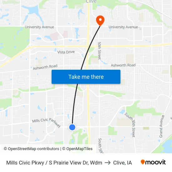 Mills Civic Pkwy / S Prairie View Dr, Wdm to Clive, IA map