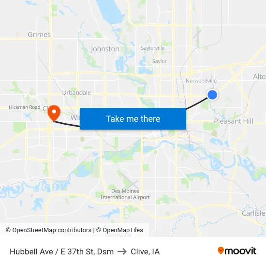 Hubbell Ave / E 37th St, Dsm to Clive, IA map
