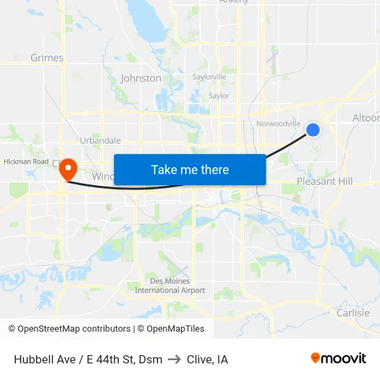 Hubbell Ave / E 44th St, Dsm to Clive, IA map