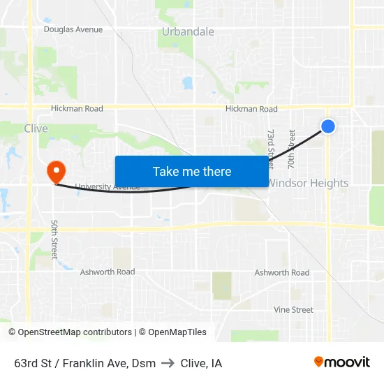 63rd St / Franklin Ave, Dsm to Clive, IA map