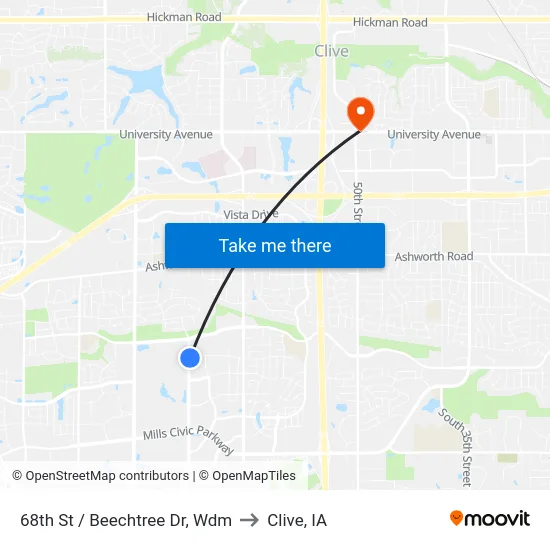 68th St / Beechtree Dr, Wdm to Clive, IA map
