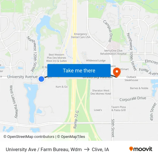 University Ave / Farm Bureau, Wdm to Clive, IA map