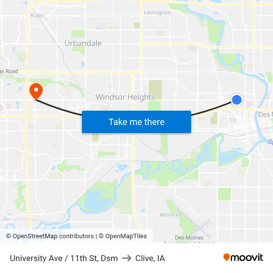 University Ave / 11th St, Dsm to Clive, IA map