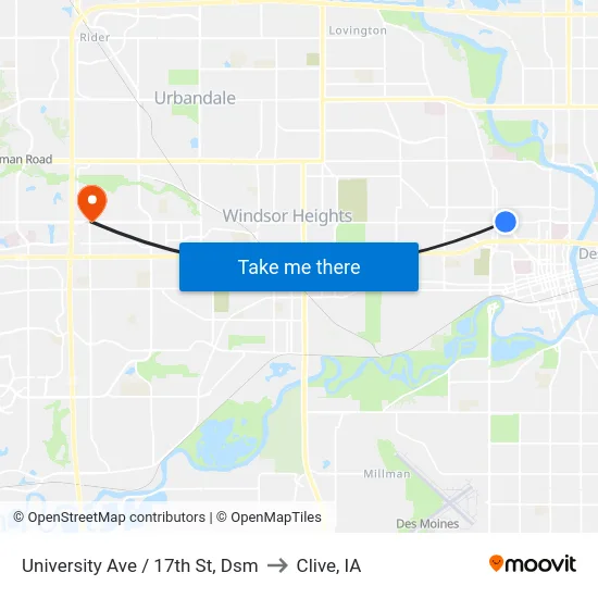 University Ave / 17th St, Dsm to Clive, IA map