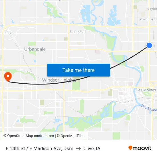 E 14th St / E Madison Ave, Dsm to Clive, IA map