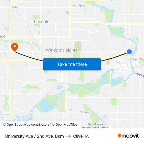 University Ave / 2nd Ave, Dsm to Clive, IA map
