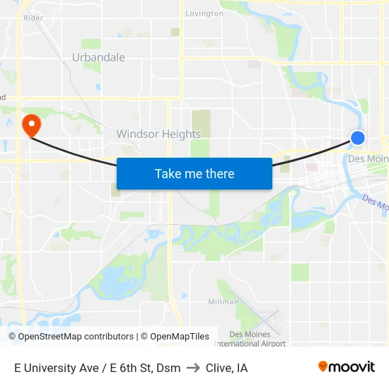 E University Ave / E 6th St, Dsm to Clive, IA map