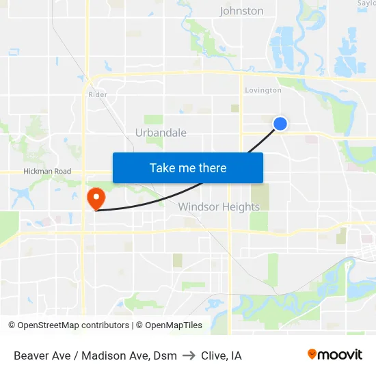 Beaver Ave / Madison Ave, Dsm to Clive, IA map