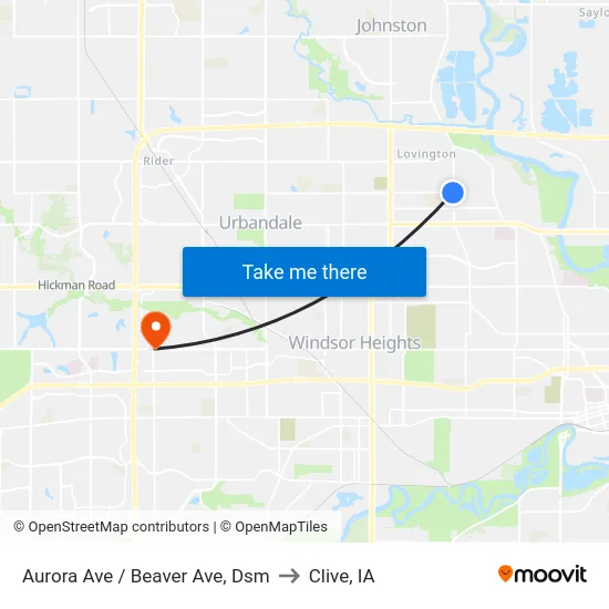 Aurora Ave / Beaver Ave, Dsm to Clive, IA map