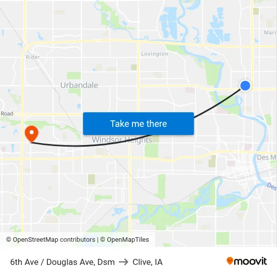 6th Ave / Douglas Ave, Dsm to Clive, IA map