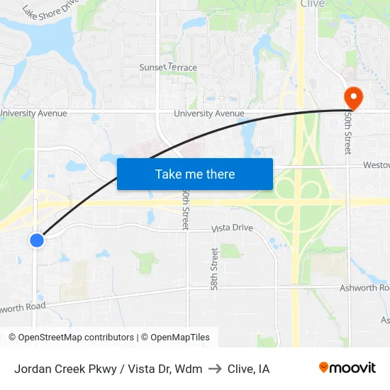 Jordan Creek Pkwy / Vista Dr, Wdm to Clive, IA map