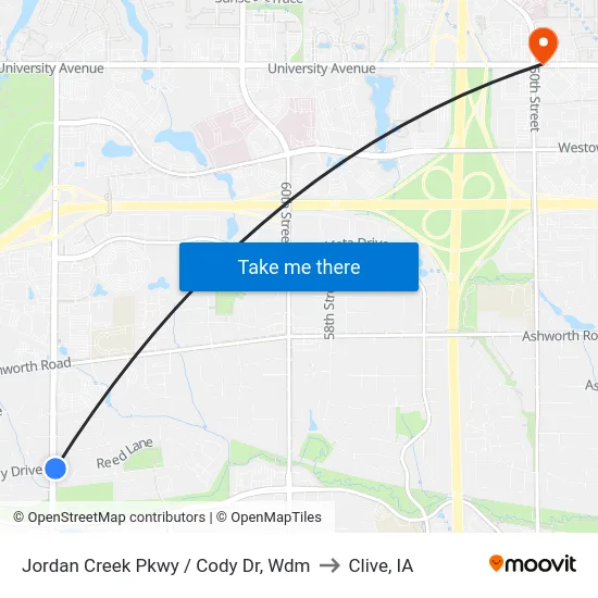 Jordan Creek Pkwy / Cody Dr, Wdm to Clive, IA map