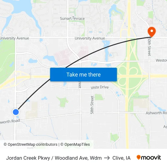 Jordan Creek Pkwy / Woodland Ave, Wdm to Clive, IA map