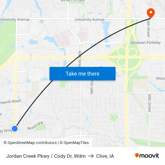 Jordan Creek Pkwy / Cody Dr, Wdm to Clive, IA map