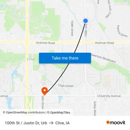 100th St / Justin Dr, Urb to Clive, IA map