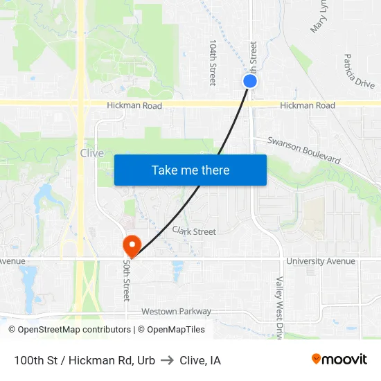100th St / Hickman Rd, Urb to Clive, IA map