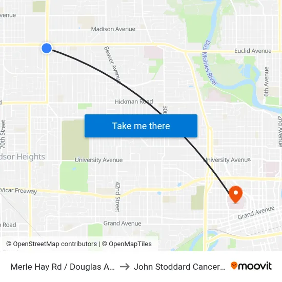 Merle Hay Rd / Douglas Ave, Dsm to John Stoddard Cancer Center map