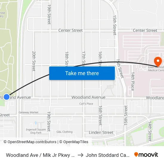 Woodland Ave / Mlk Jr Pkwy (Far-Side), Dsm to John Stoddard Cancer Center map